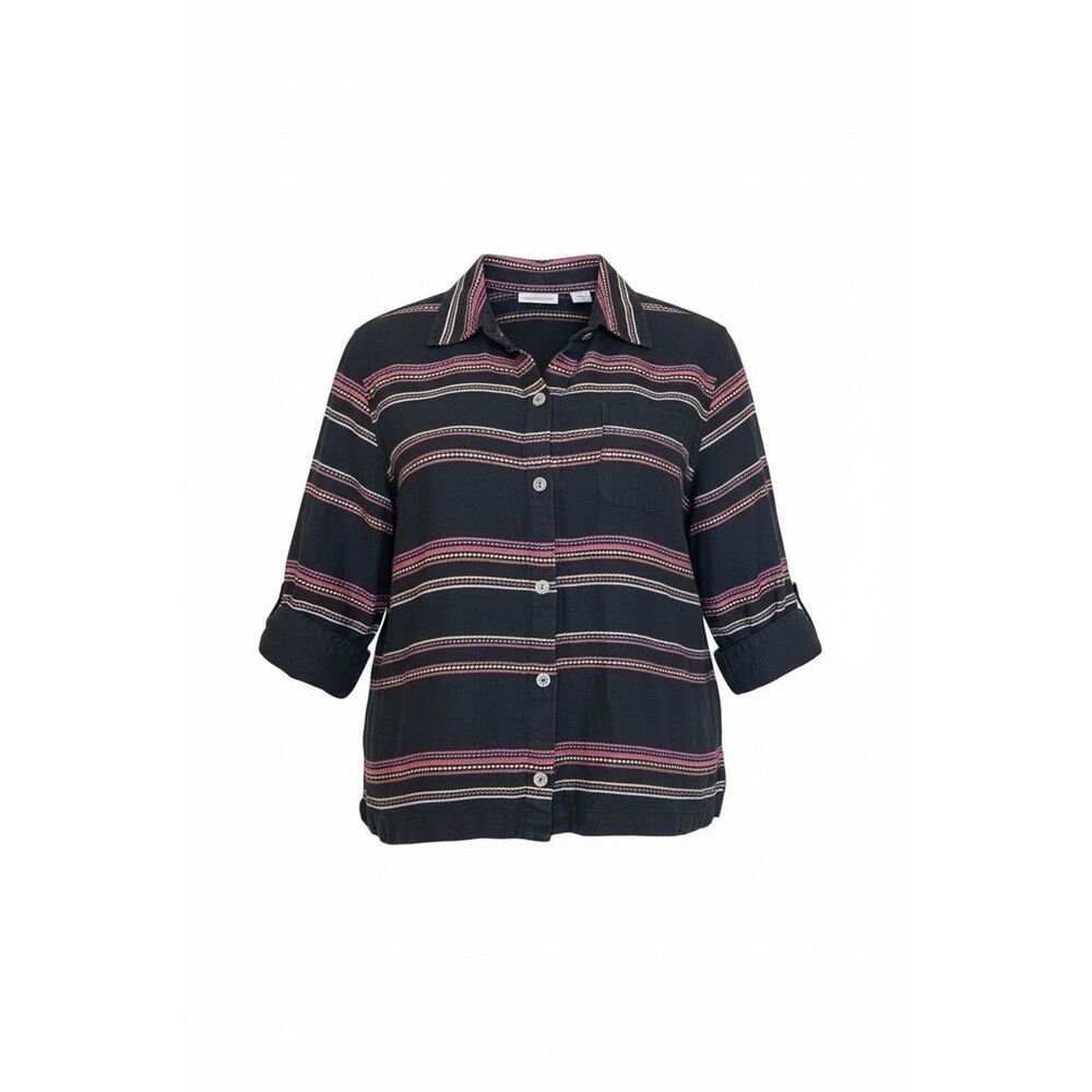 Birch Hill Linen Stripe 3/4 Sleeve Button Front Aztec Jacket Top Black Size XL